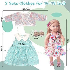 2 Set Sweet Dolls Clothes Dress for Baby Girl 14-18 Inch, 9 Pcs Doll Clothes and Accessories—Summer Suspender Skirt Coat Blue Dress Slippers Hairpins，35-45cm Baby Doll Outfits Kids Birthday Gift