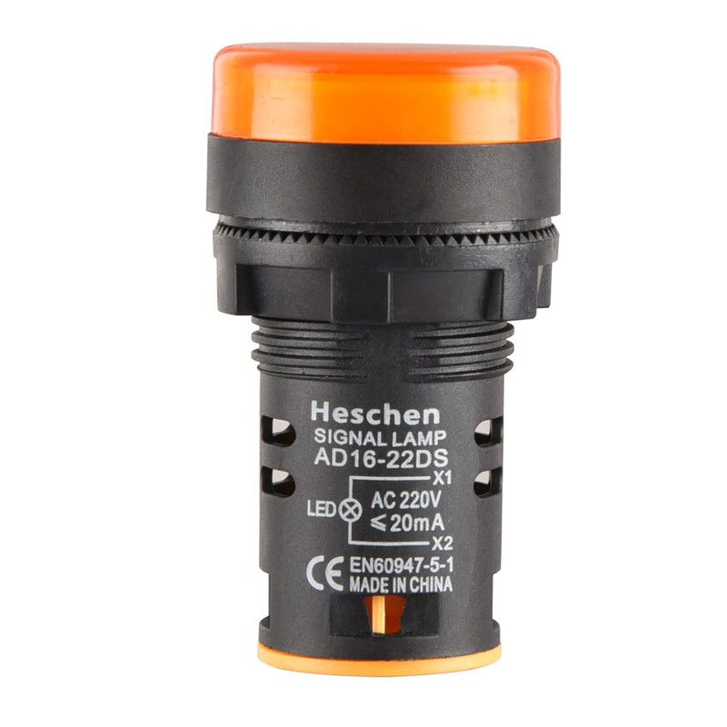 Heschen 22mm LED Indicator Pilot Light, AD16-22D/S, 220VAC 20mA, Yellow
