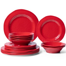LEHAHA Red Melamine Dinnerware Sets, 18-Piece Melamine Dishes Set, Lightweight and Chip Resistant, Durable Plates and Bowls Set, Safe for Daily Use, Dishwasher Safe, Service for 6