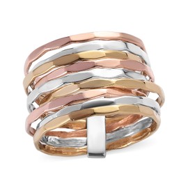 PHNX 3 Tone Hammered Statement Stackable Chunky Band Ring for Women – Silver Copper Brass Finish, 9 Adjustable Thin Stacked Band, Stylish Minimalist Boho Statement, Ring Size - 5