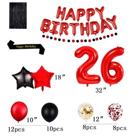Red 26TH Birthday Party Decorations Supplies Red theme 16inch Red Foil Happy Birthday Balloons Banner Happy Birthday sash Foil Black Curtains Foil Balloons Number Red 26 Risehy