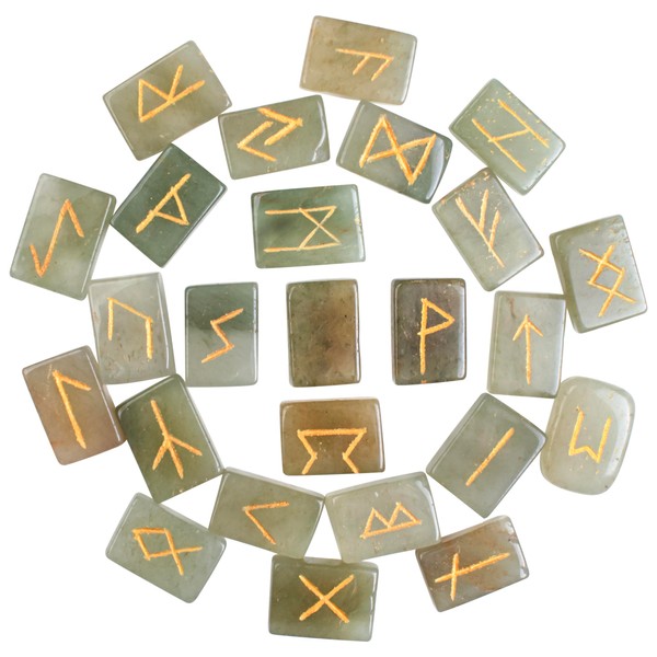 BEZAVO Green Jade Rune Stones Set with Engraved Elder Futhark