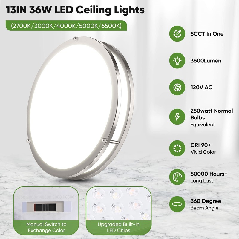 36W LED Flush Mount Ceiling Light Fixture, 13inch LED Ceiling