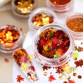 Fall Maple Leaf Nail Glitter Powder Gold Nail Glitter 6 Bottles/Set Autumn Design Shiny Nail Art Flakes Sequins Nail Supllies for Women Acrylic Nails Decorations DIY Crafts