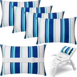 Lineshading 4 Pcs Chaise Lounge Head Pillow with Strap Outdoor Waterproof Neck Headrest Pillows with Adjustable Elastic Band for Beach Chair(Blue,Stripe)