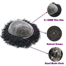 RESHE Afro Toupee For Black Men Curly Hair Units For Man Coily Human Hair Replacement System African American Men Weave Hair Units Male Hair Pieces 8X10 14MM #1B Off Black