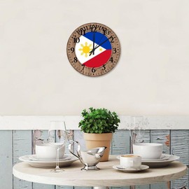 10 Inch Silent Non-Ticking Wall Clocks Battery Operated Philippines Wooden Wall Decor for Kids Room City Flag Souvenir Rustic Round Wooden Wall Clock Country for Pool Entryway