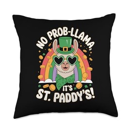Fun St Patricks Day Llama, Shamrock and Rainbow Design Throw Pillow