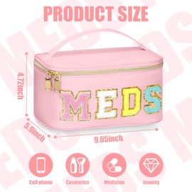 BuyCard Medicines Chenille Letter Bag Nylon Meds Makeup Pouch Preppy Path with Zipper and Handle Cosmetic Toiletry Storage Purse for Women Pink