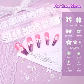 Flatback Pearls and 3D Flowers for Nail Art, Gold Silver Round Nails Beads White Half Nails Pearls Mixed Flowers Bows Nail Art Charms, Spring Flower for Acrylic Nails DIY Accessories