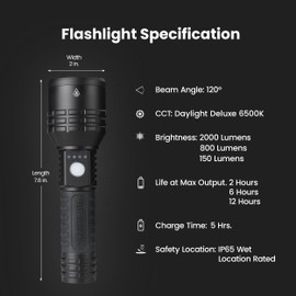 Feit Electric Long Range Flashlight, 2000 Lumens, Aircraft-Grade Aluminum, Rechargeable USB-C and AAA Battery Compatible, Flex Power with 3 Light Modes, Built-in USB Port, FLR2000/LT/FLEX