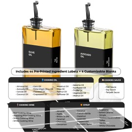 Spaceneat Olive Oil Dispenser Bottle - Includes 44 Kitchen Essential Labels - Cooking Oil Bottles for Kitchen, Coffee Syrup Dispenser - Pourer Spout with 11.8 fl oz Glass Container Cruet - 2pcs, Black