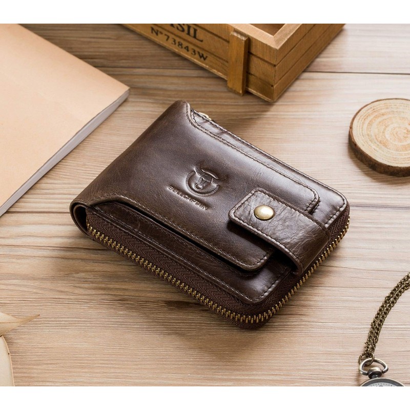 BULLCAPTAIN Genuine Leather Men Wallet with ID Window RFID Blocking