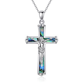POPLYKE 925 Sterling Silver Crucifix Necklace Women Jesus Pendant Abalone Cross Necklace Christian Jewelry 18+2 inch
