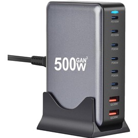 500 W Charger, GaNFastIII 8 Ports, 2 x 100 W Single Ports, Supports PD3.0, 8 Ports Simultaneous Rapid Charging, 2 x 100 W, 4 x 65 W, QC20W, 6 USB-C & 2 USB-A, Vertical Space Saving, Double GaNFastIII