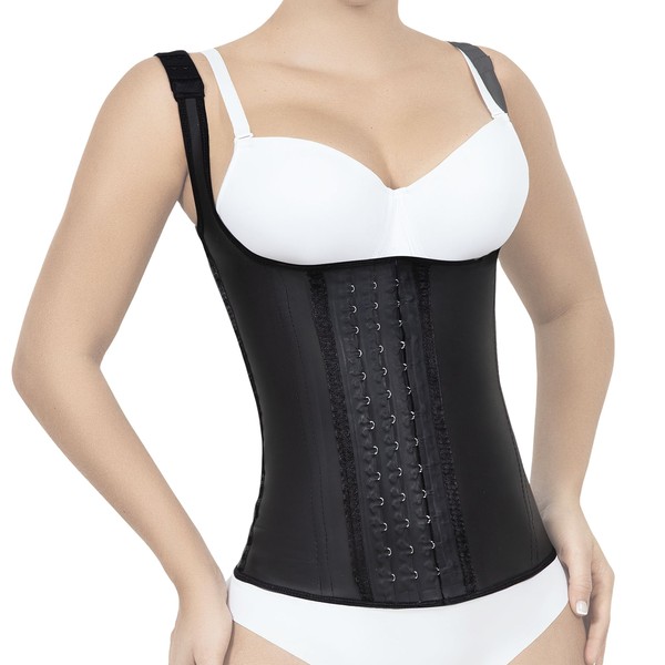Lady Slim - Colombian Faja Full Latex Chaleco Vest Waist Cincher, Waist Trainer with Cotton Lining and Steel Bones, Adjustable Waist Trainer for Women with Hook and Eye Closures, Black, Medium