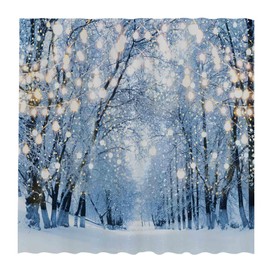 Allenjoy 72" x 72" Winter Scene Shower Curtain Set with Hooks Wonderland Snowflake Bokeh Glitter Snow Forest Christmas Landscape Bathroom Bathtubs Decor