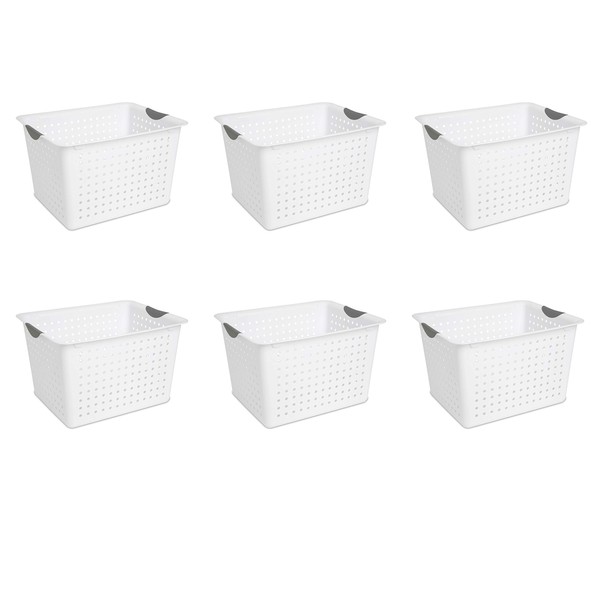 Sterilite Deep Ultra Basket, Open Storage Bin to Organize Closets, Cabinets, Pantry, Shelving and Countertop Space, White, 6-Pack