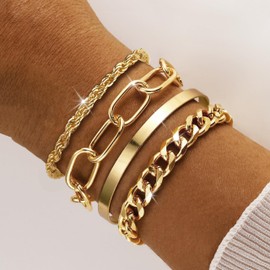 Chunky Gold Bracelet Stack Cuff Bangles for Women Trendy Non Tarnish Dainty Silver Chain Bracelet Layered Snake Chain Cuban Link Bracelet Pack for Women 2025