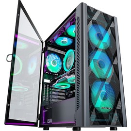 MUSETEX ATX PC Case Pre-Install 6 PWM ARGB Fans, Polygonal Mesh Computer Gaming Case, Opening Tempered Glass Side Panel Mid-Tower Case, USB 3.0 x 2, Black, NN8