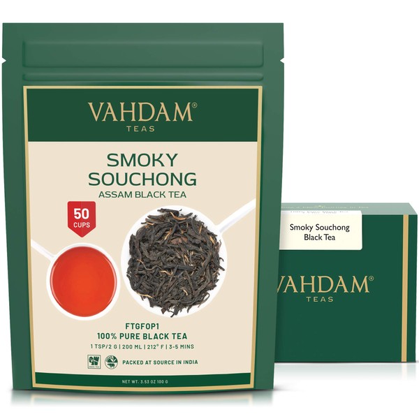 VAHDAM, Smoky Assam Souchong Black Tea 100g (50 Cups) Rich & Malty Black Tea Loose Leaf | Smoky & Delicious Black Tea Leaves | Pure Unblended Single Origin Black Loose Leaf Tea | Vacuum Sealed