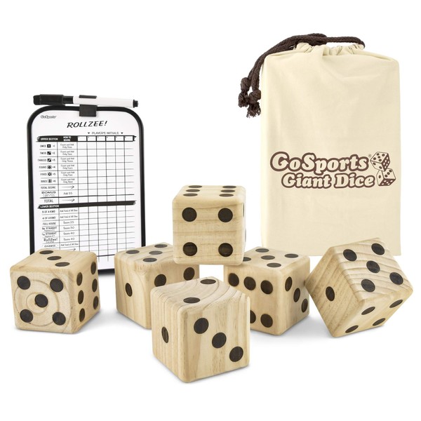 GoSports Giant Wooden Playing Dice Set with Bonus Rollzee and Farkle Scoreboard - Includes 6 Dice, Dry-Erase Scoreboard and Canvas Carrying Bag (Choose 2.5" Dice or 3.5" Dice)