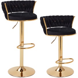 Vecelo Set of 2 Bar Stools Adjustable Swivel Velvet Retro Kitchen Counter Height Chair - Black
