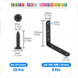 Glarks 8 Sets 100mm Black L Bracket Right Angle Bracket Corner Brace Joint Bracket Fastener for Wood Chair Bookshelf Board Window Furniture Cabinet (100x100x3mm)
