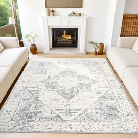 Boho Jacquard Washable Area Rug 8X10 Vintage High-Low Textured Tumble Rugs for Living Room Soft Large Neutral Indoor Floor Carpets with Non-Slip for Bedroom, Dining Room, Home Office, Dorm, Gray