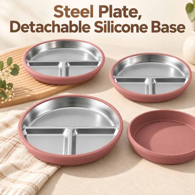 3-Pack Stainless Steel Divided Suction Plates for Kids – 3-Section