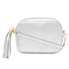 Montte Di Jinne - 100% Made in Italy - Soft Leather Leather Women's Cross Body Bag with Tassel key Ring (Silver)