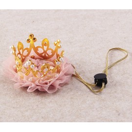 Nishine Gold/Silver Crown Headband for Dog Cat Pink Tulle Mesh Crown Tiara Pet Crown Hairband Hat Party Costume (Pearl&Gold)