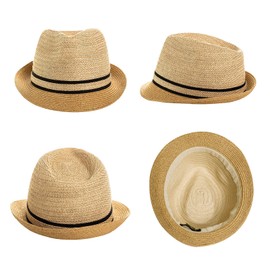 Comhats Straw Hat Men's Fedora Trilby Hat Panama Hat Beach Sun Hat Handmade Short Brim, 92569_Beige