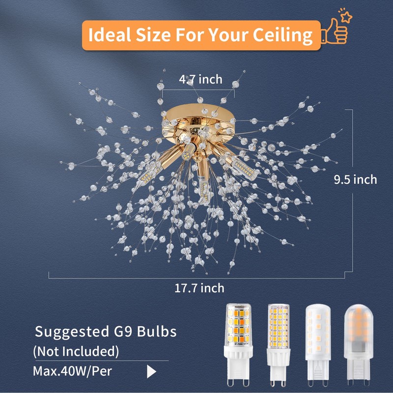 Modern Small Crystal Ceiling Light Fixture, 4-Light Gold Crystal Sputnik
