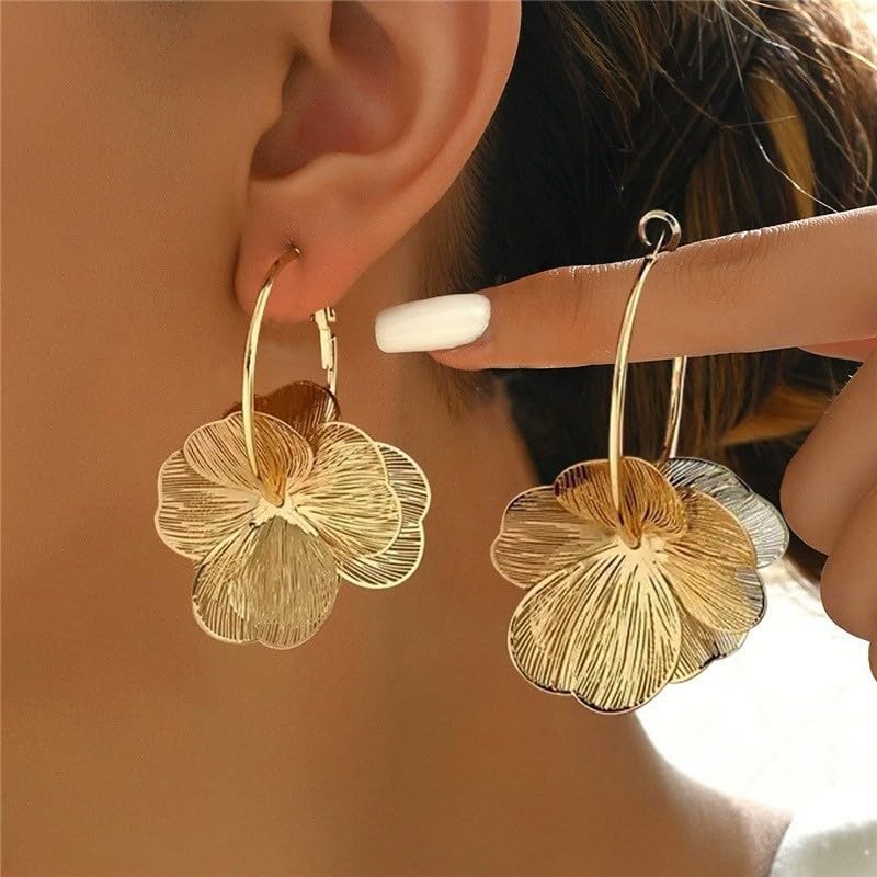 Gold Flower Earrings For Women Silver Dangle Statement Trendy Hoop
