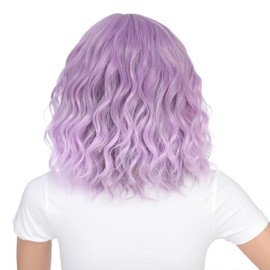 SWACC 12 Inch Short Curly Wavy Bob Wig with Bangs Synthetic Hair Wig for Women with Wig Cap (Lavender Purple Ombre)