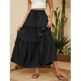 Timuspo Maxi Skirt Women's Long Elegant Boho Skirt Casual Midi Skirt A-line Plain Summer Skirt Skirts with Pockets Elastic High Waist Beach Skirt Casual Skirt, black