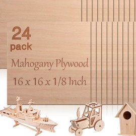 24 Pcs Mahogany Plywood Sheets,16 x 16 x 1/8 Inch - 3mm Thick Mahogany Unfinished Wood for Crafts Laser Cutting & Engraving, School DIY Projects, Painting, Fretwork, CNC Cutting, and Wood Burning