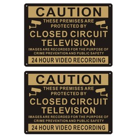 Andchi 2 pcs CCTV 24H Video Surveillance Sign, Closed Circuit Signs, Gold & Black Security Aluminium Metal Waring Signs for Home Yard, 14 x 10 inches
