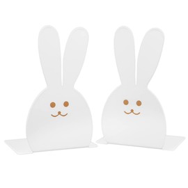 Lovely Bunny Bookends Rabbit Long Ears Metal Kid Bookends Student Book Ends Metal Office Desk School Library Decoration Bookshelf Book Organizer for Easter Christmas Birthday Kids Gift (White)