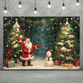 Saoplasa Christmas Backdrop Santa Claus Snowman Christmas Tree Forest Scene Banner 71 x 43 Inch Holiday Photography Background for Xmas Party Decorations Indoor Outdoor Winter Photo Wall Decor