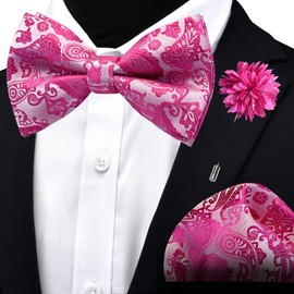 Branduce Paisley Pre-tied Bow Tie and Pocket Square Lapel Pin Set for Men, Hot Pink, general