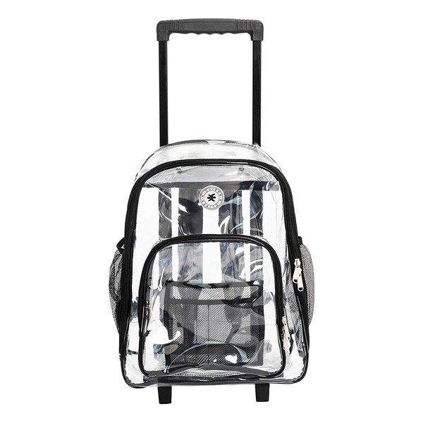 NiceAndGreat Rolling Clear Backpack Heavy Duty Bookbag Quality See Through Workbag Travel Daypack Transparent School Book Bags with Wheels Black