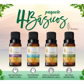 Herbolare - Paquete los 4 básicos 5 ml. Lavanda, Eucalipto, Menta Arvensis y Romero 100% puros.