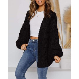 Cicy Bell Women's Cardigan Loose Lantern Sleeves Elegant Oversized Pullover, black