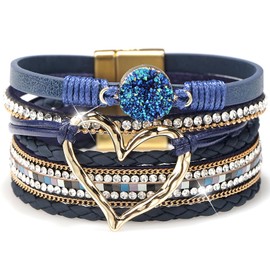 Suyi Multilayer Leather Wrap Bracelet Heart-Shape Wide Cuff Bracelets for Women Blue