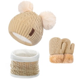 Kids Winter Hats Gloves Scarf Set for Girls Boys Toddler Beanie Baby Mittens Neck Warmer Warm Thick Fleece Lining Thermal Beige Knit Cap with Cute Pom Pom for 1-5 Years Old, Gifts for Childrens