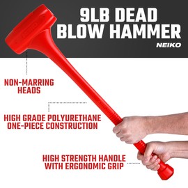 NEIKO 02884B 9 Lb Dead Blow Hammer, 30” Long, Red, Unibody Molded, Ergonomic Textured Handle, Spark and Rebound Resistant, One Piece Steel Core, 3 Inch Head