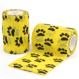 AUPCON Vet Wrap Cohesive Bandages Bulk Self Adhesive Bandage Wrap Self Adherent Wrap Non-Woven for Dogs Pet Animals & Ankle Sprains & Swelling 3 Inch x 5 Yards (2 Pack Yellow Paws)