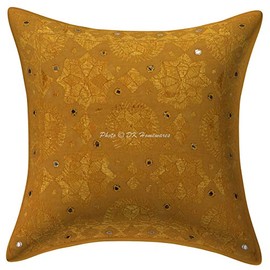 DK Homewares Funda de cojín decorativa de algodón de 16 x 16 cm, 40 x 40 cm, color amarillo mostaza con espejo étnico adornado con bordado para dormitorio, funda de cojín cuadrado indio